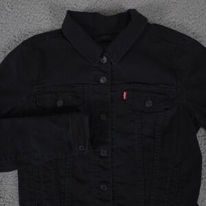 Levis Jacket Womens Medium Black Denim Pockets Dark Wash Trucker Cropped Outdoor